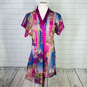 10/$25🦋 Vintage Romantic Moods Pink/Blue Floral Sheer Knee Length Robe - Medium